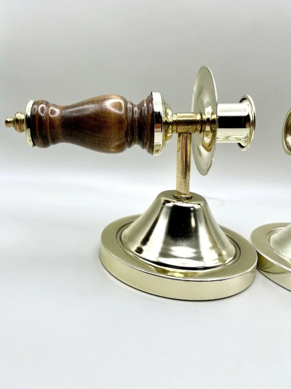VTG Brass Wall Candle Sconces Pair Turned Wood Colonial Mid Century MCM Retro
